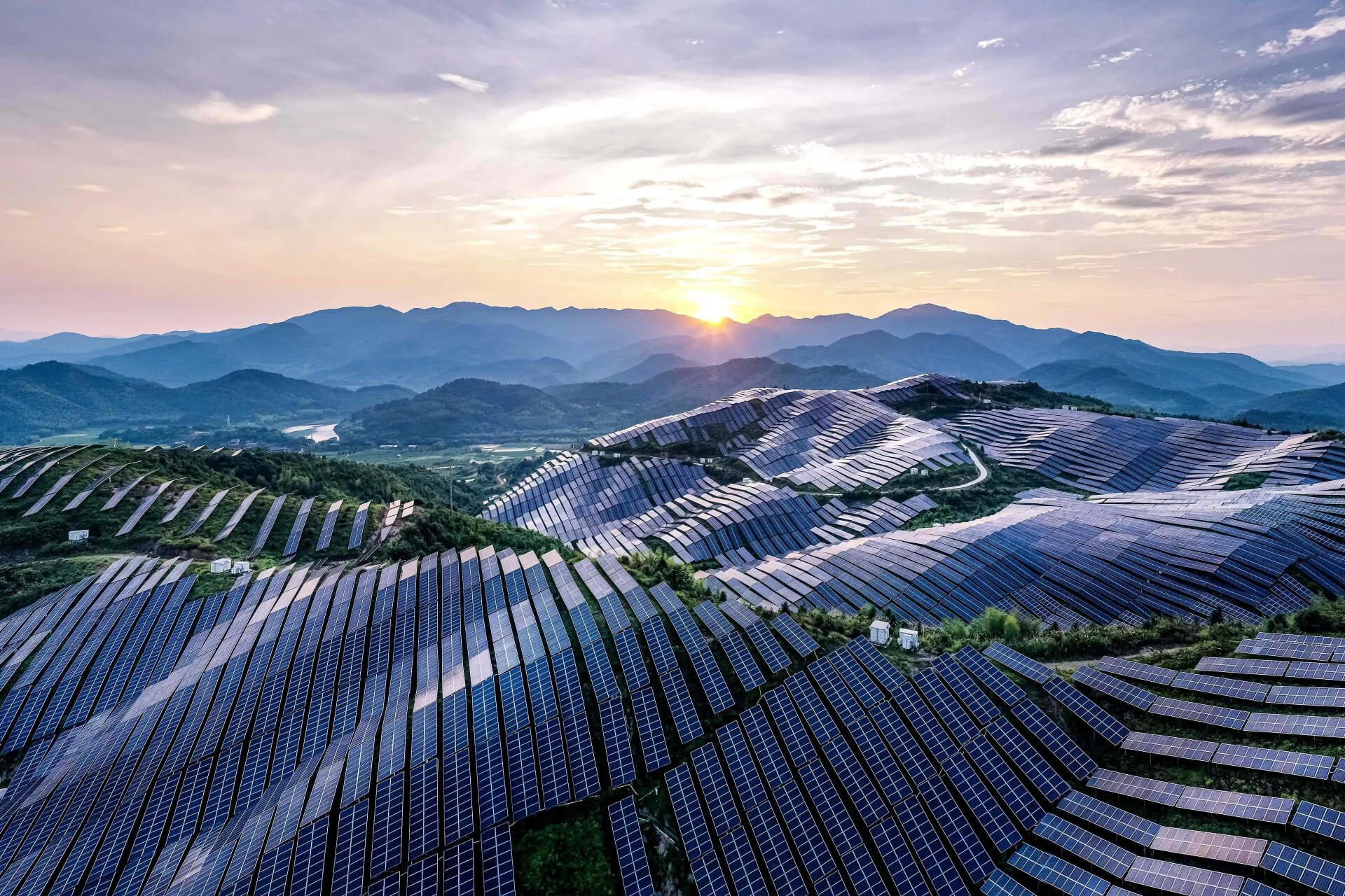 Solar arrays across green hills at sunrise