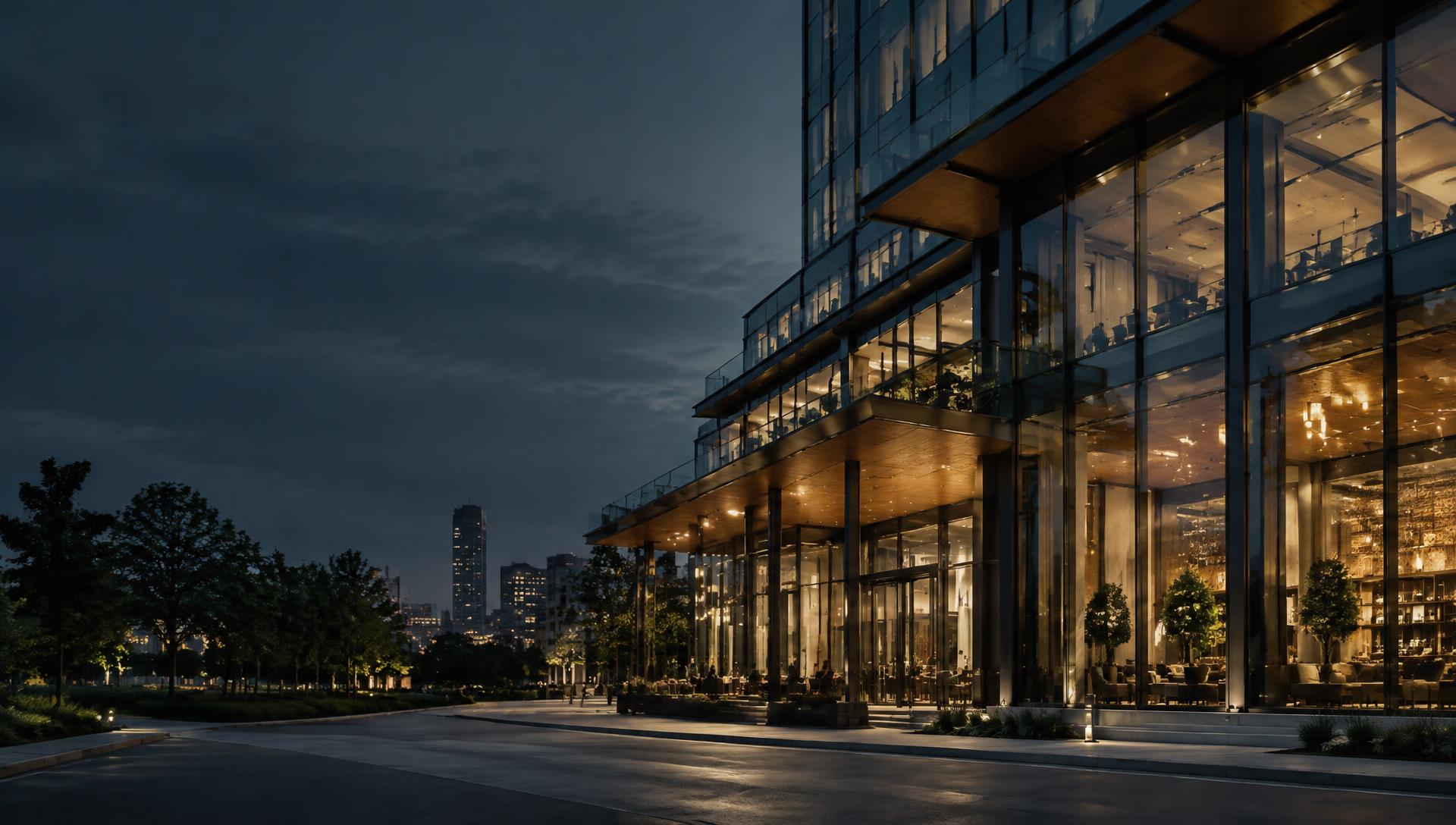 Contemporary glass and steel building with a refined illuminated interior at blue hour