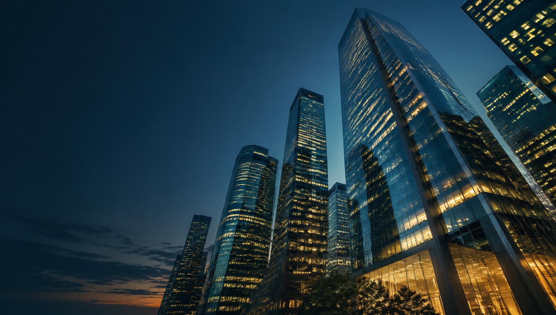 Glass office towers in a downtown skyline at dusk with warmly lit windows